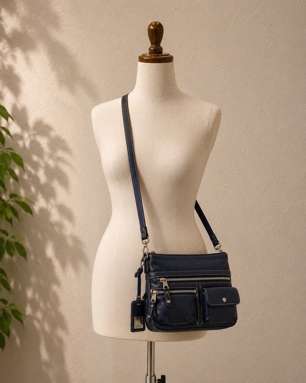 Tignanello Women Blue Pebble Leather Zipper Multi Pocket Crossbody Shoulder Bag
